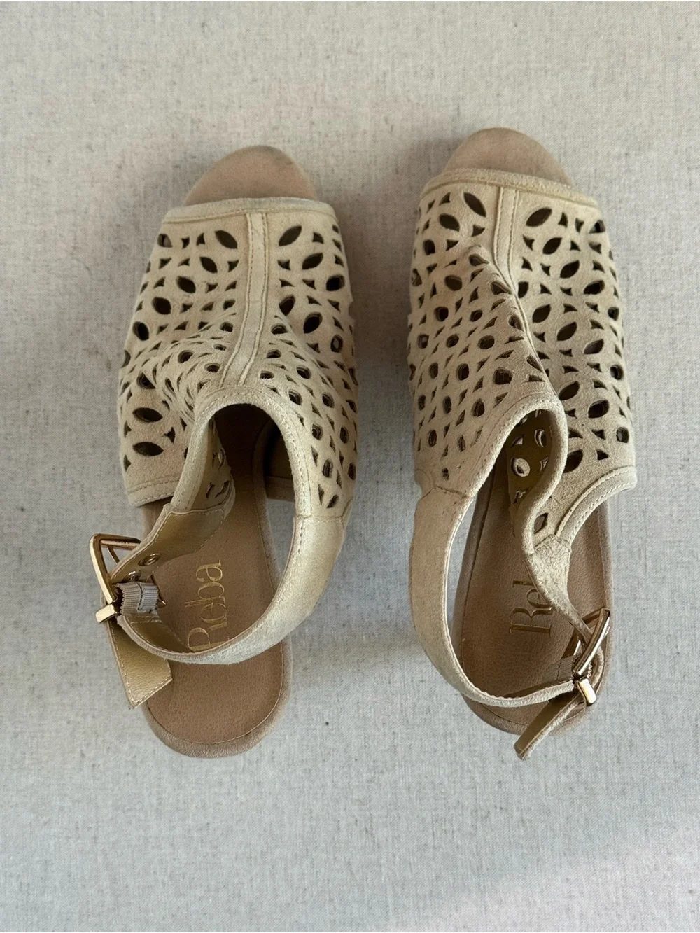 Reba Nude Suede Laser Cut Peep Toe Heels - Ankle Strap Size 8.5